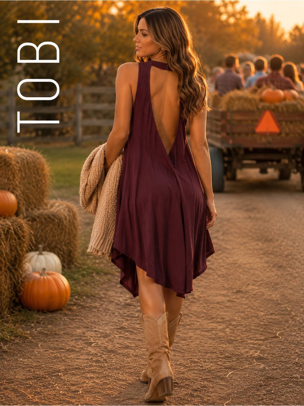 TOBI Burgundy Open Back Swing Dress Sleeveless Flowy Handy Hem Boho Size Large
